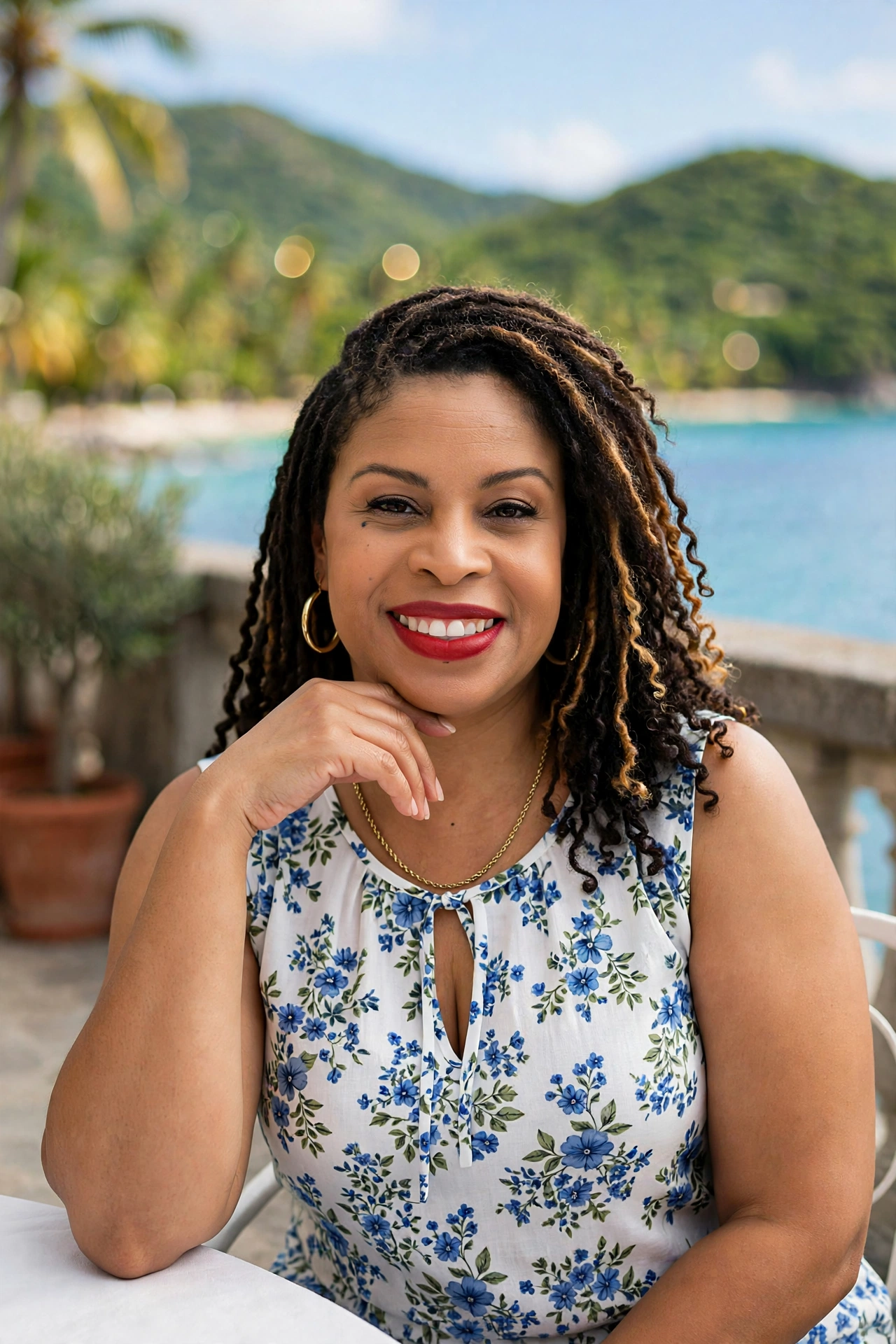 Sabina Long in a blue-and-white floral blouse, one hand resting at her chin, on a terrace above the sea