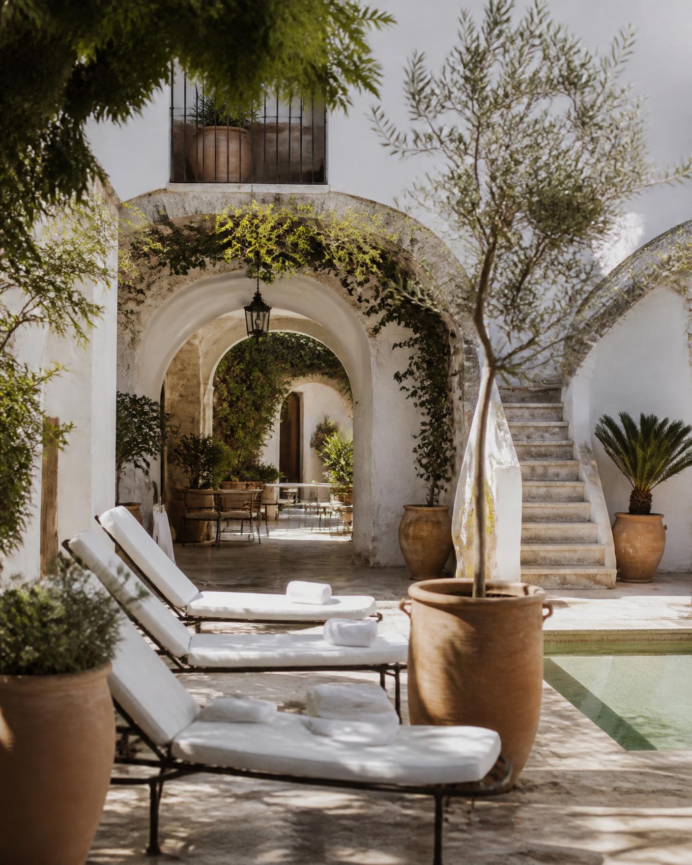 Stone arches, olive trees and linen loungers in the courtyard of a boutique hotel